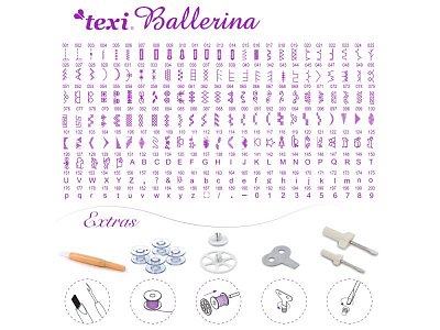 TEXI BALLERINA + Prídavný stolík - Šijací stroj elektronický, 200 programov, vyšívanie abecedy